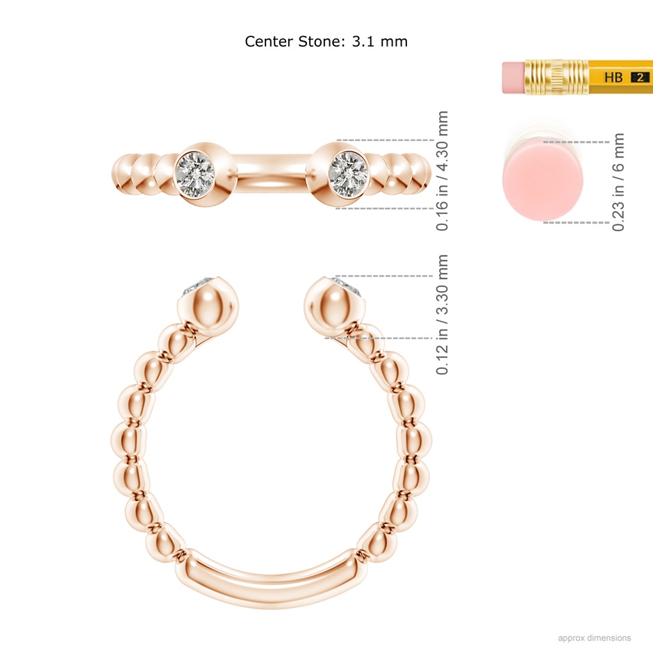 3.1mm KI3 Two-Stone Round Diamond Beaded Shank Open Ring in Rose Gold ruler