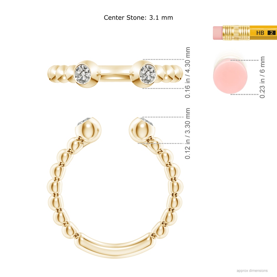 3.1mm KI3 Two-Stone Round Diamond Beaded Shank Open Ring in Yellow Gold ruler