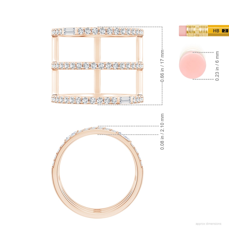 3x1.5mm GVS2 Triple Row Baguette & Round Diamond Broad Statement Band in Rose Gold ruler