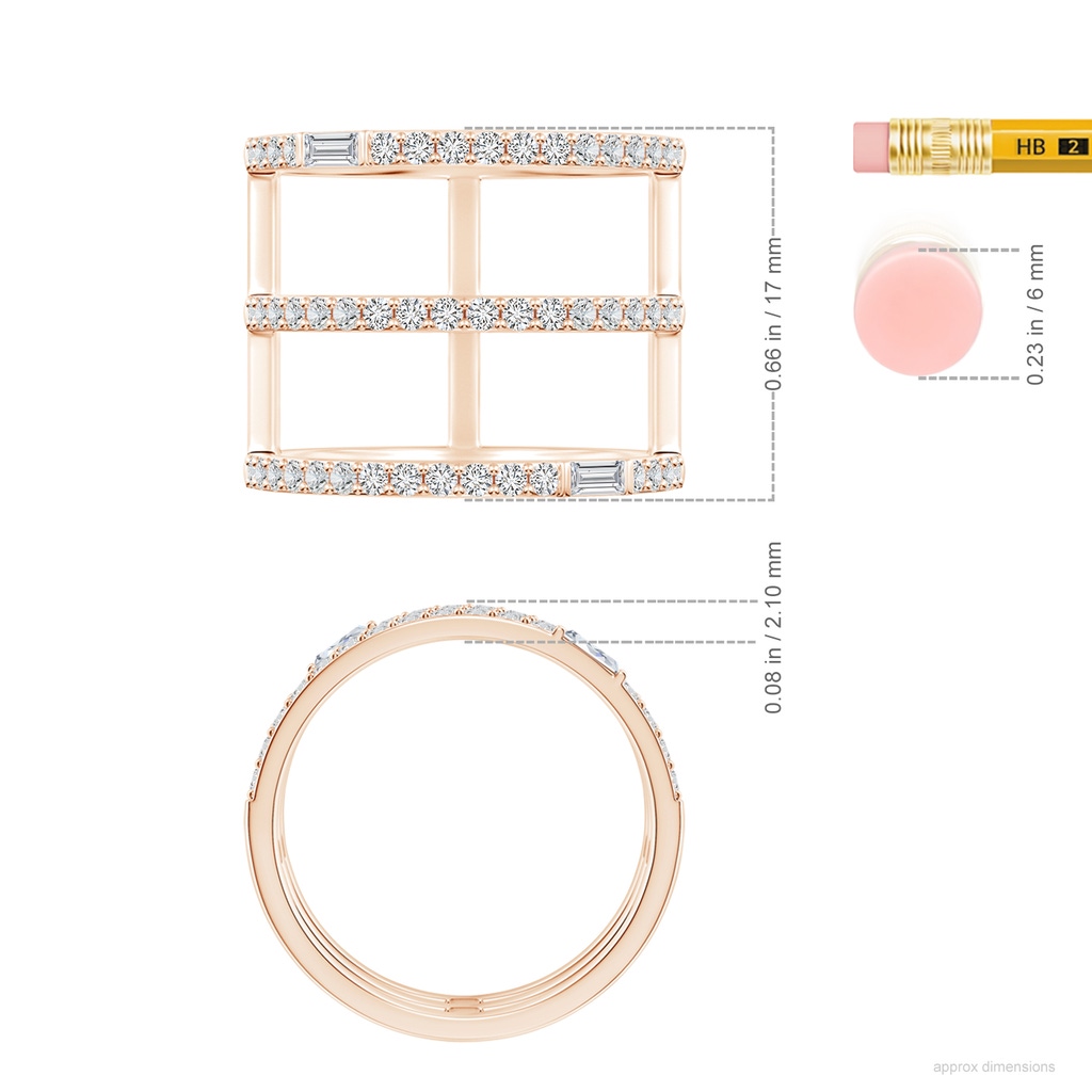 3x1.5mm HSI2 Triple Row Baguette & Round Diamond Broad Statement Band in Rose Gold ruler