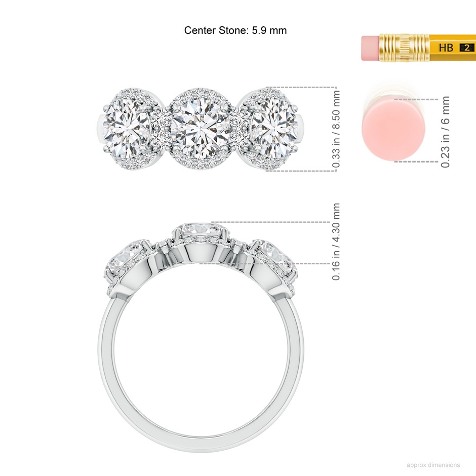 5.9mm HSI2 Round Diamond Halo Three Stone Band in White Gold ruler