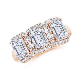 6.5x4.5mm GVS2 Emerald-Cut Diamond Halo Three Stone Band in 18K Rose Gold