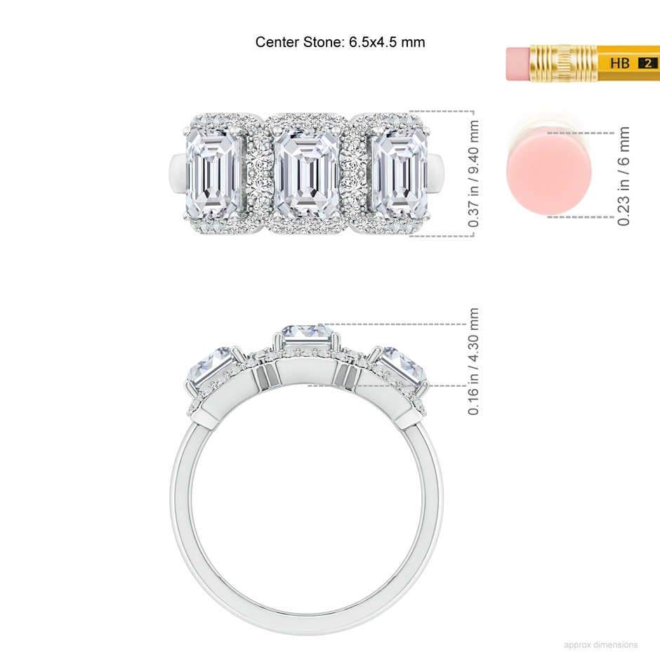 6.5x4.5mm HSI2 Emerald-Cut Diamond Halo Three Stone Band in White Gold ruler