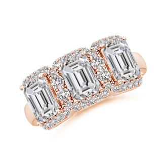 6.5x4.5mm IJI1I2 Emerald-Cut Diamond Halo Three Stone Band in Rose Gold