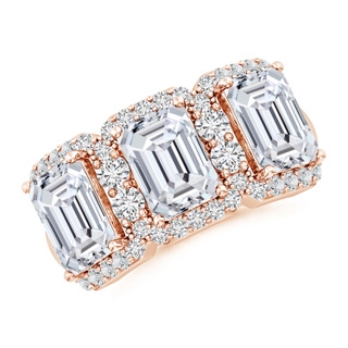 7.5x5.5mm HSI2 Emerald-Cut Diamond Halo Three Stone Band in 18K Rose Gold