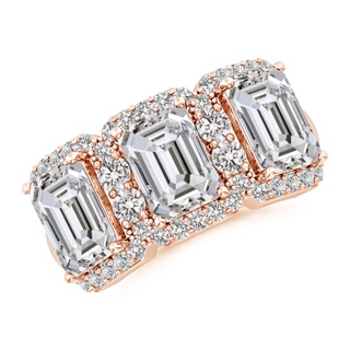 7.5x5.5mm IJI1I2 Emerald-Cut Diamond Halo Three Stone Band in 18K Rose Gold