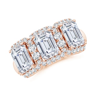 7x5mm GVS2 Emerald-Cut Diamond Halo Three Stone Band in 18K Rose Gold