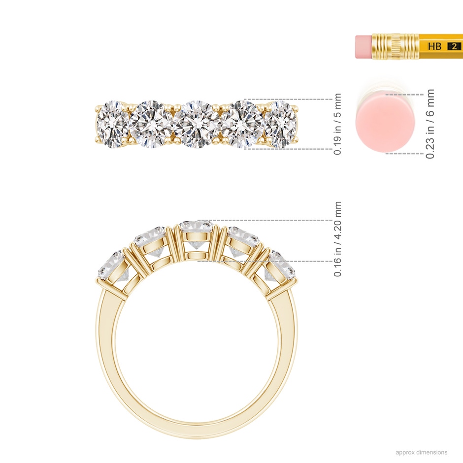 5mm IJI1I2 Prong-Set Round Diamond Five Stone Wedding Band in Yellow Gold ruler