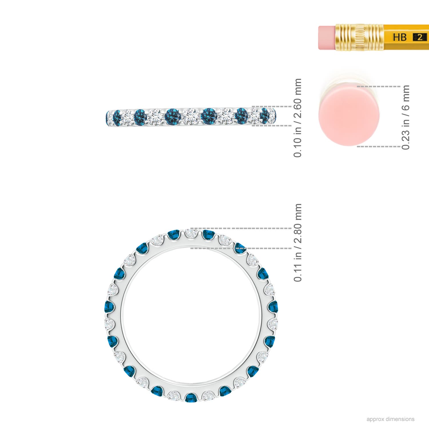 2mm AAA Shared Prong-Set White and Blue Diamond Eternity Band in 60 White Gold - ruler