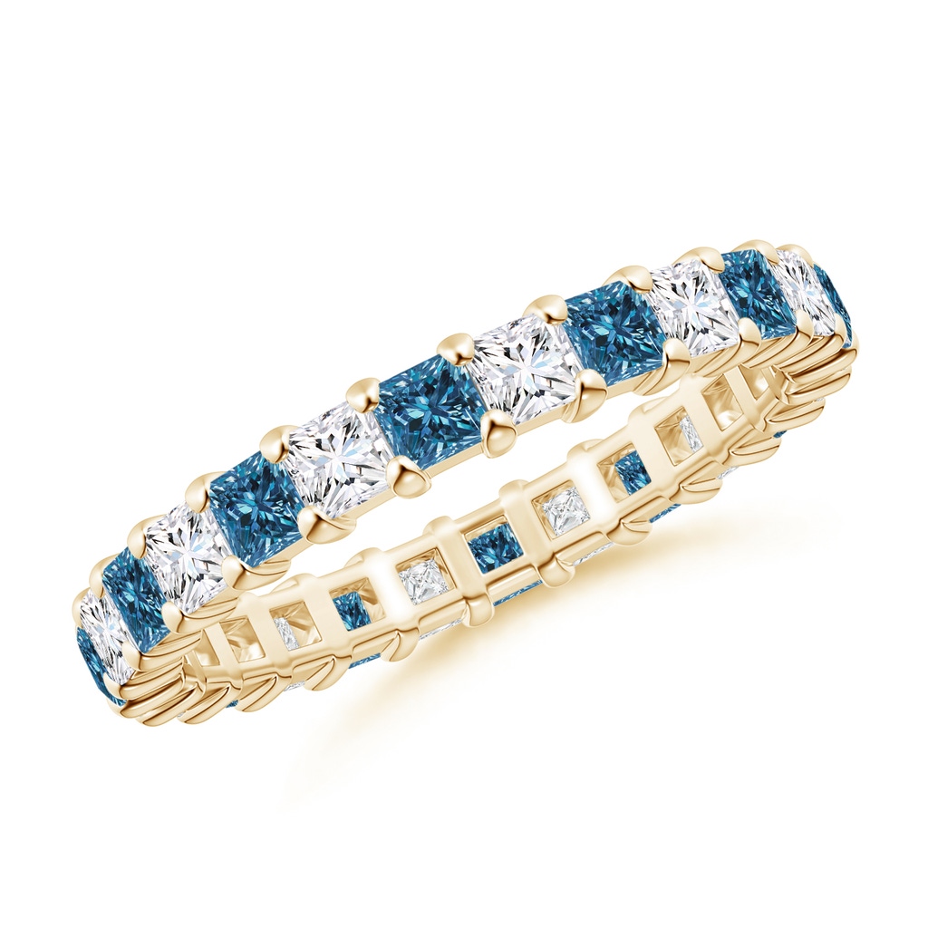 2.3mm AAA Princess-Cut White and Blue Diamond Eternity Band in 65 Yellow Gold