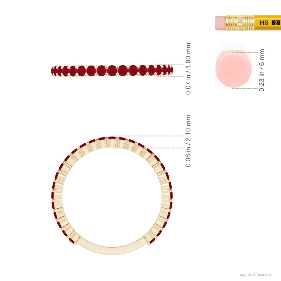 1.6mm AA Prong Set Round Ruby Eternity Wedding Band in Yellow Gold ruler
