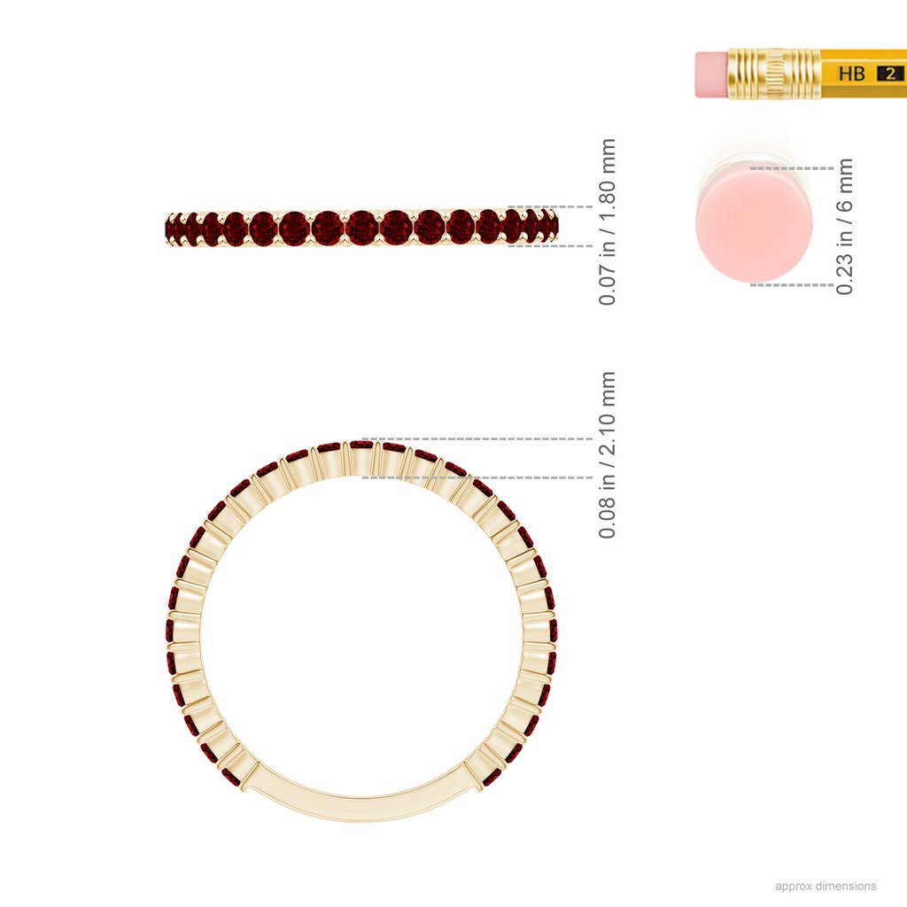 1.6mm AAAA Prong Set Round Ruby Eternity Wedding Band in Yellow Gold Ruler