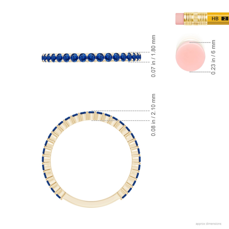 1.6mm AAA Prong Set Round Blue Sapphire Eternity Wedding Band in Yellow Gold ruler