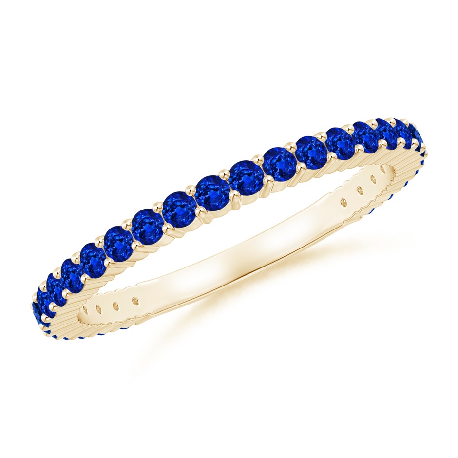 1.6mm AAAA Prong Set Round Blue Sapphire Eternity Wedding Band in Yellow Gold 