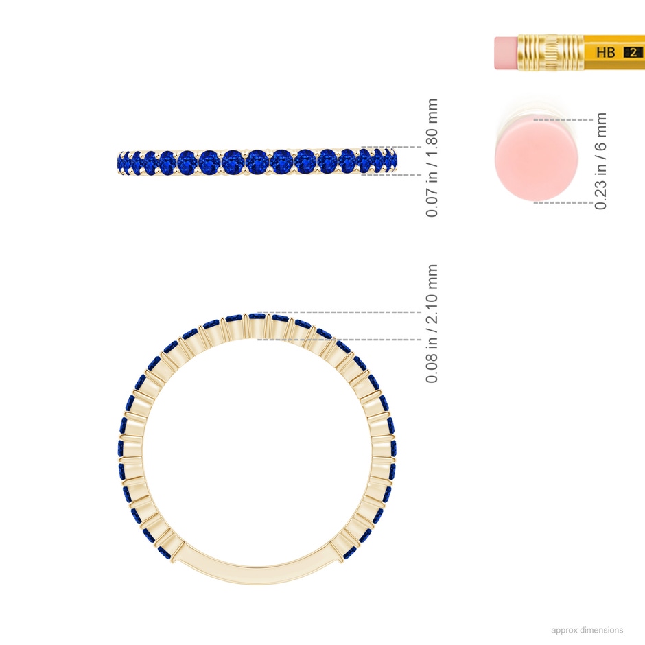 1.6mm AAAA Prong Set Round Blue Sapphire Eternity Wedding Band in Yellow Gold ruler