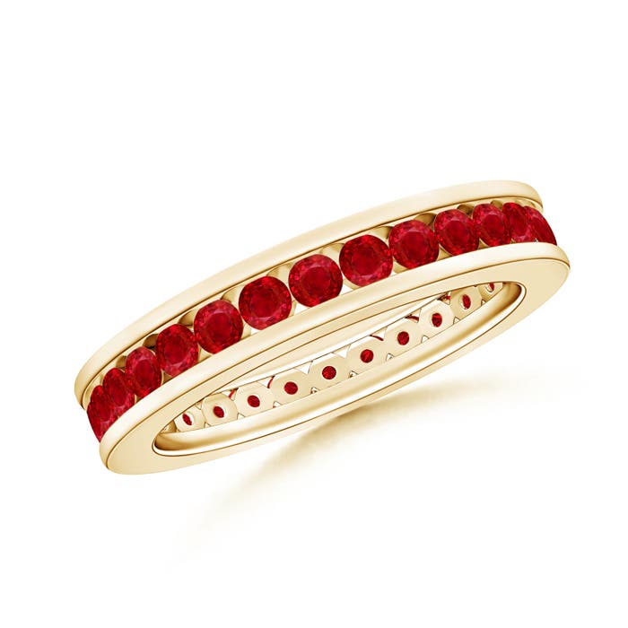 2mm AAA Channel Set Eternity Ruby Wedding Band in 55 Yellow Gold