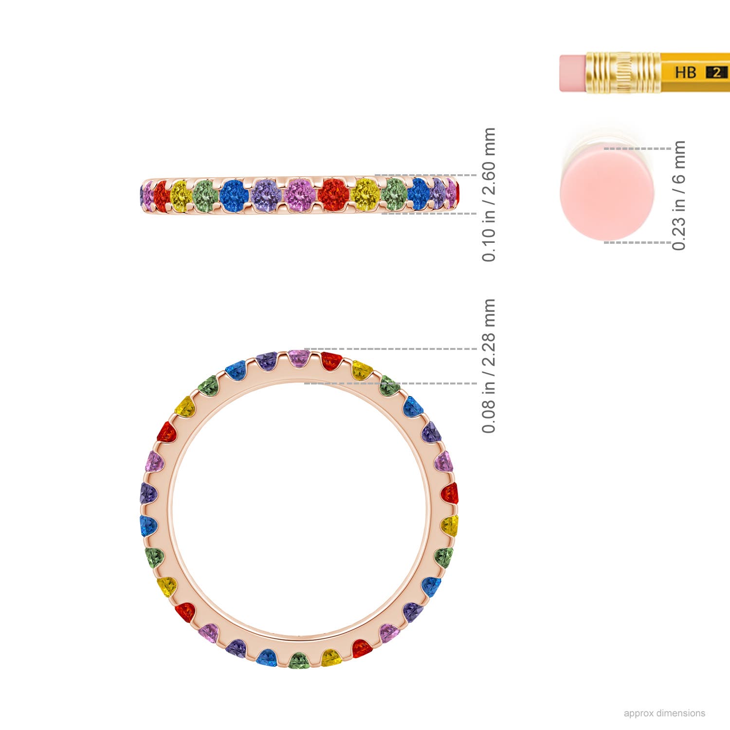 2mm AAA Spectra Prong-Set Round Multi-Sapphire Eternity Band in 60 Rose Gold - ruler