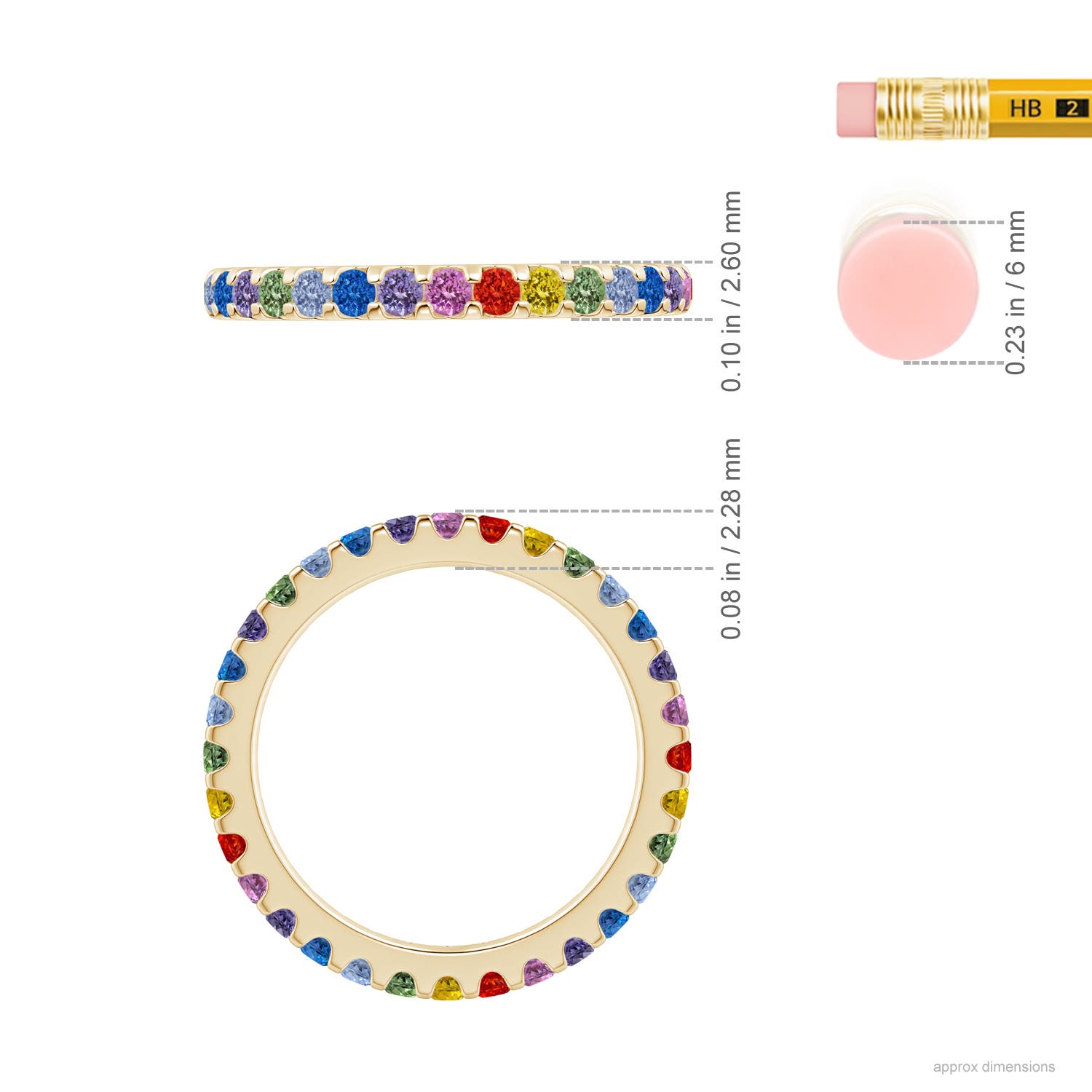 2mm AAA Spectra Prong-Set Round Multi-Sapphire Eternity Band in 75 Yellow Gold - ruler