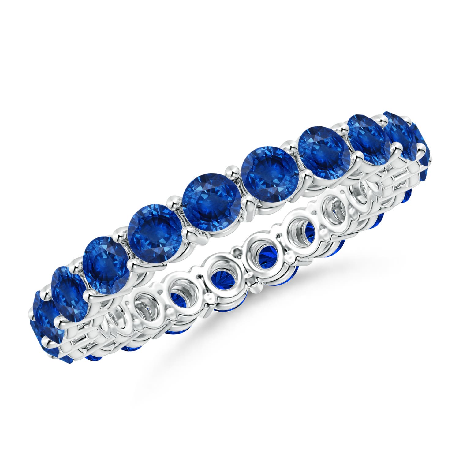 3mm AAA Prong-Set Round Blue Sapphire Eternity Wedding Band in 70 White Gold