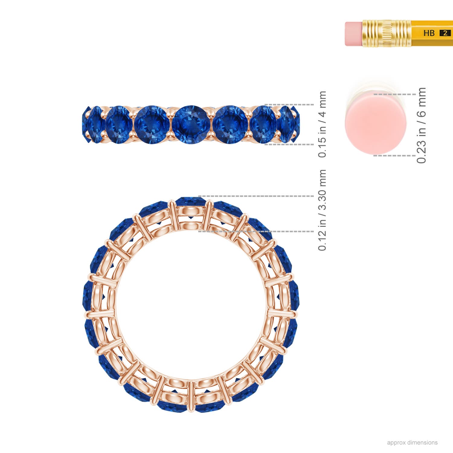 4mm AAA Prong-Set Round Blue Sapphire Eternity Wedding Band in 75 Rose Gold - ruler