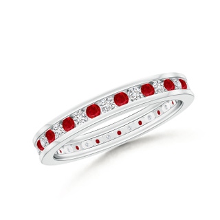 1.5mm AAA Channel Set Ruby and Diamond Eternity Wedding Band in 70 White Gold