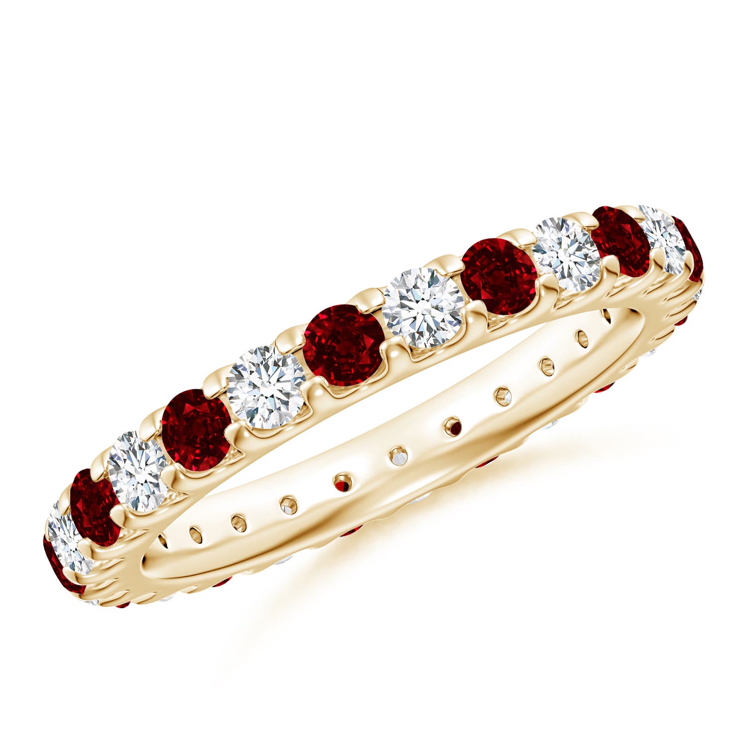 2.8mm AAAA Shared Prong Ruby and Diamond Eternity Band in 70 Yellow Gold