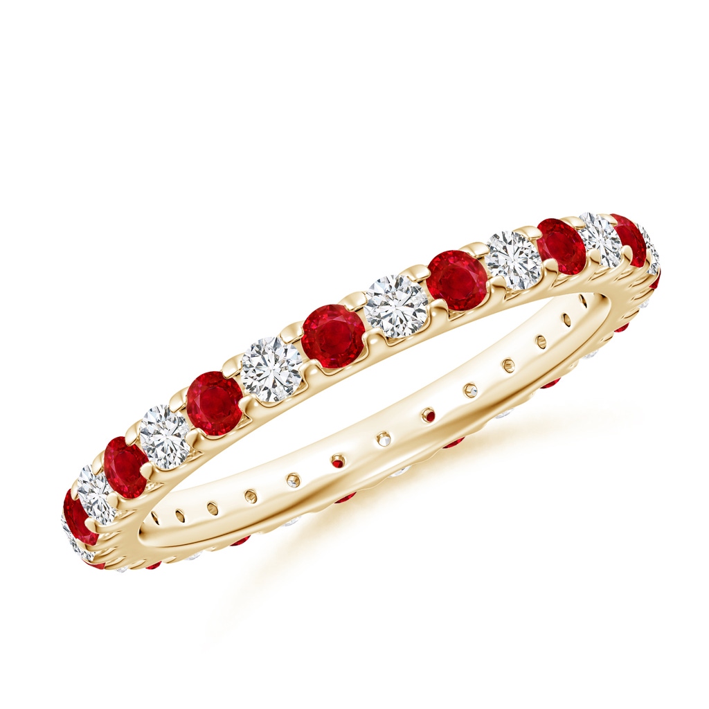 2mm AAA Shared Prong Ruby and Diamond Eternity Band in 70 Yellow Gold