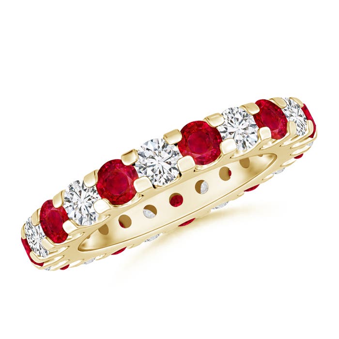 3.3mm AAA Shared Prong Ruby and Diamond Eternity Band in 60 Yellow Gold