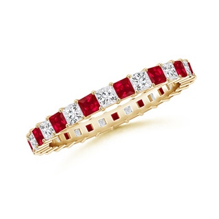 1.8mm AAA Shared Prong Square Ruby and Diamond Eternity Band in 70 Yellow Gold