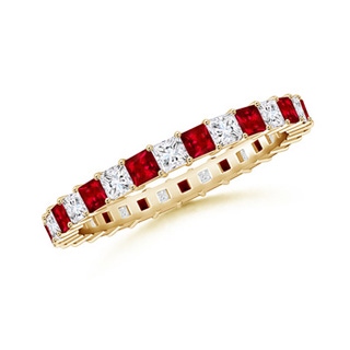 1.8mm AAAA Shared Prong Square Ruby and Diamond Eternity Band in 60 Yellow Gold