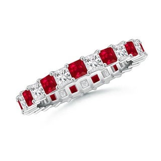 2.3mm AAA Shared Prong Square Ruby and Diamond Eternity Band in 60 9K White Gold