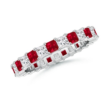 2.3mm AAA Shared Prong Square Ruby and Diamond Eternity Band in 65 White Gold 