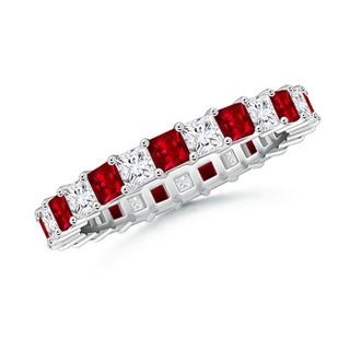 2.3mm AAAA Shared Prong Square Ruby and Diamond Eternity Band in 60 9K White Gold