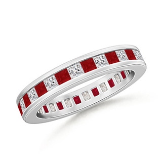 1.9mm AA Channel Set Square Ruby Diamond Eternity Wedding Band in 60 White Gold