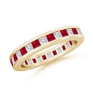 1.9mm AAA Channel Set Square Ruby Diamond Eternity Wedding Band in 70 Yellow Gold