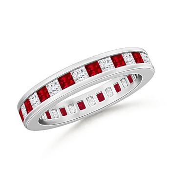 1.9mm AAAA Channel Set Square Ruby Diamond Eternity Wedding Band in 60 P950 Platinum