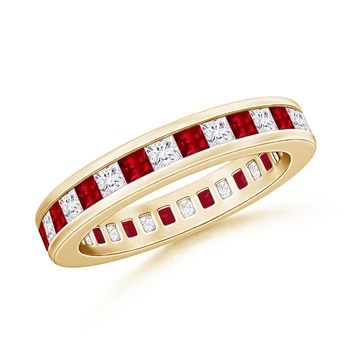 1.9mm AAAA Channel Set Square Ruby Diamond Eternity Wedding Band in 70 Yellow Gold