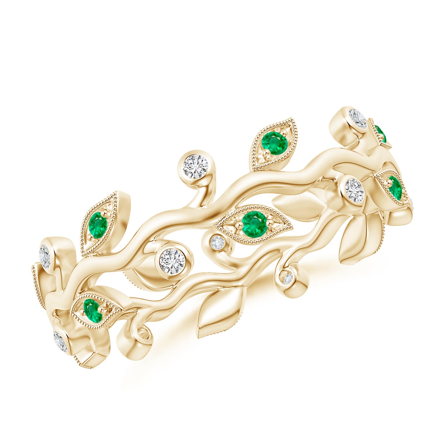 1.3mm AAA Emerald Vine and Leaf Eternity Band in 55 Yellow Gold
