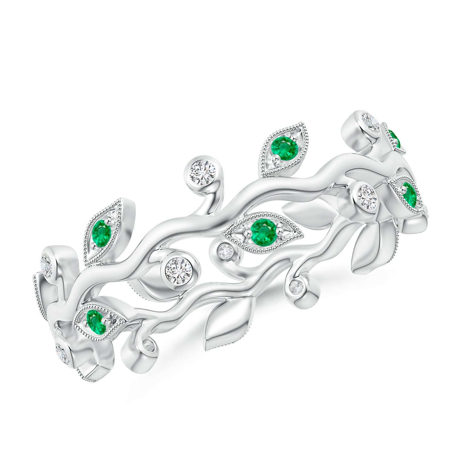 1.3mm AAA Emerald Vine and Leaf Eternity Band in 70 White Gold