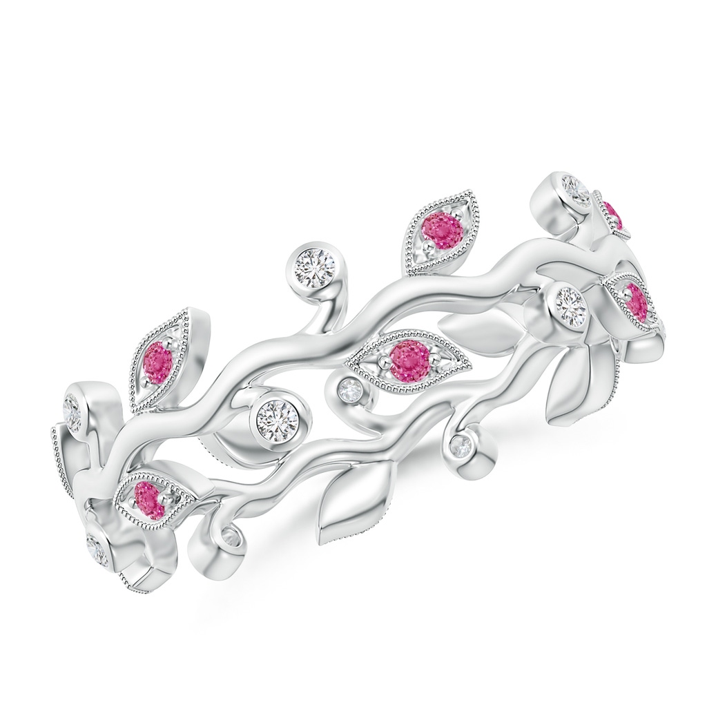 1.3mm AAA Pink Sapphire Vine and Leaf Eternity Band in 65 White Gold