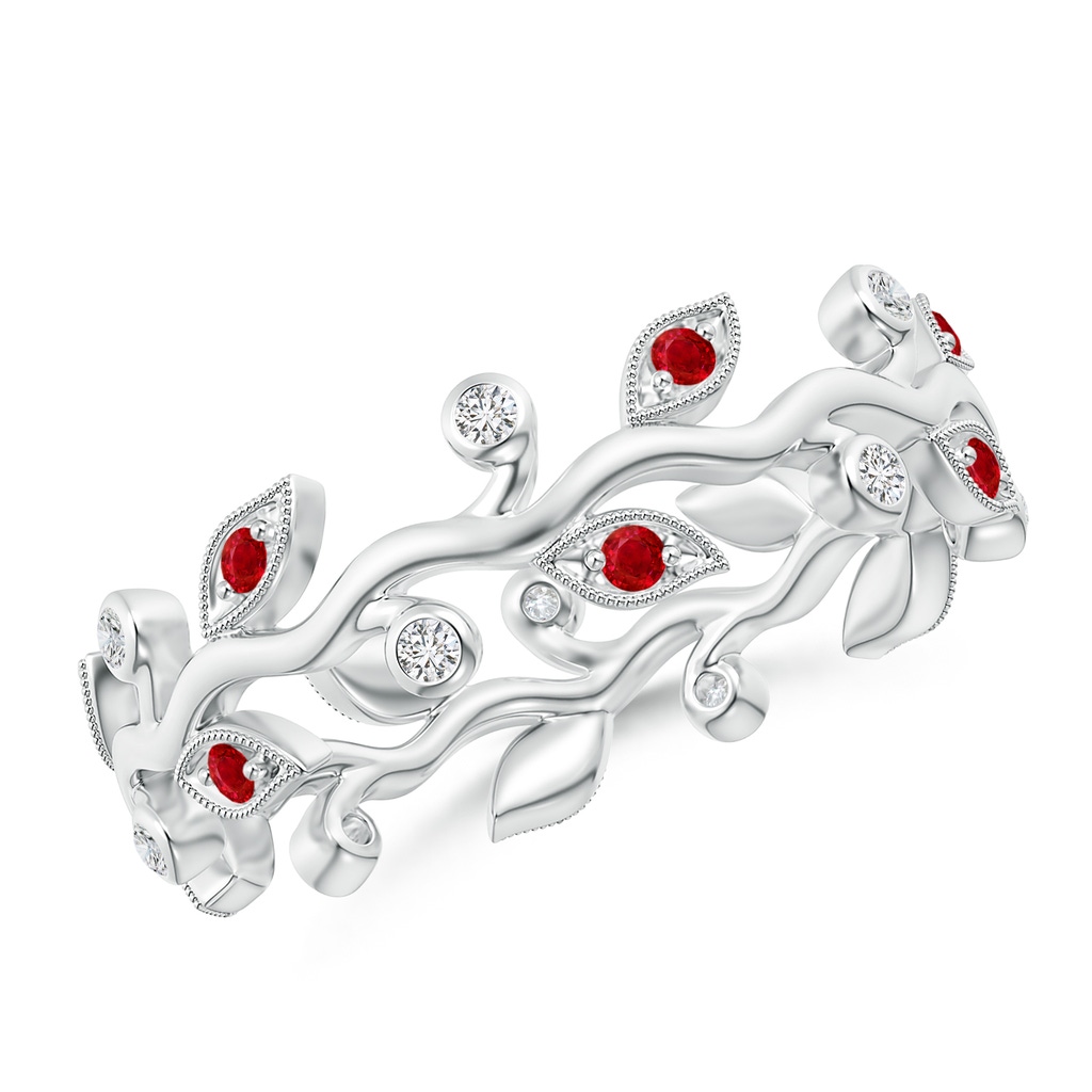 1.3mm AAA Ruby Vine and Leaf Eternity Band in 65 White Gold