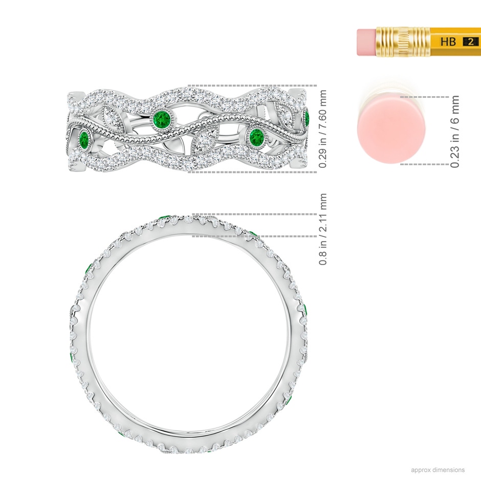 1.5mm AAAA Bezel-Set Emerald Vine and Leaf Eternity Band in 65 White Gold ruler