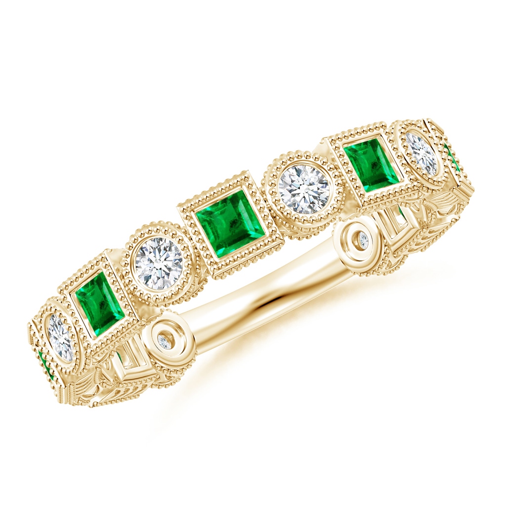 2.5mm AAA Bezel-Set Square Emerald and Round Diamond Band in Yellow Gold