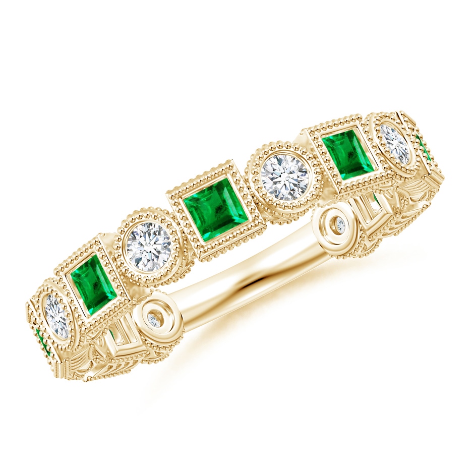 2.5mm AAA Bezel-Set Square Emerald and Round Diamond Band in Yellow Gold 