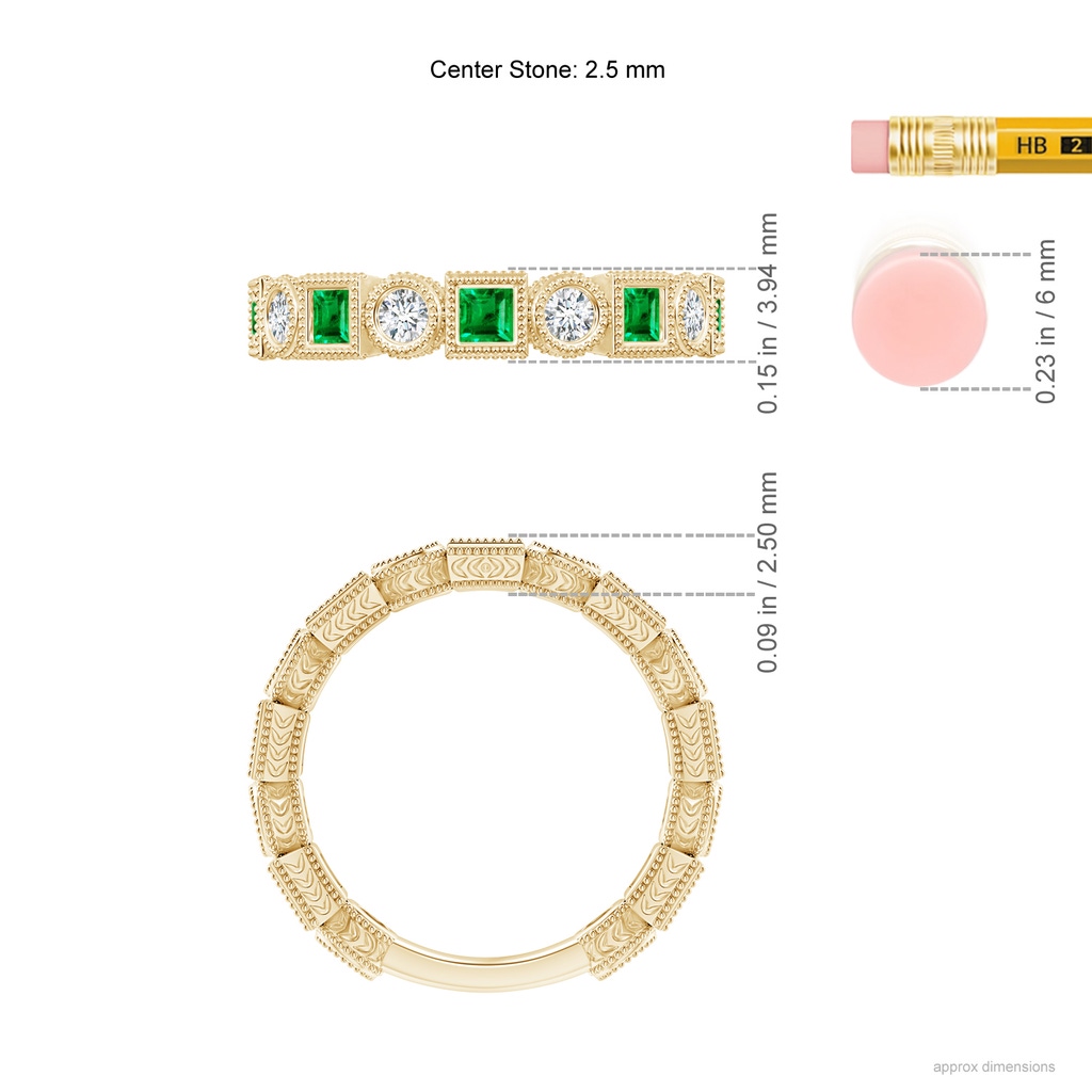 2.5mm AAA Bezel-Set Square Emerald and Round Diamond Band in Yellow Gold Ruler
