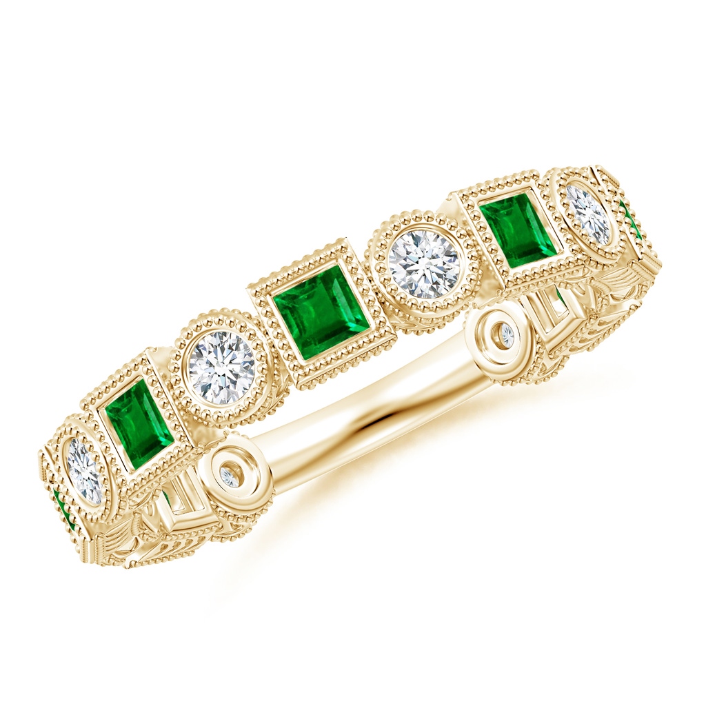 2.5mm AAAA Bezel-Set Square Emerald and Round Diamond Band in Yellow Gold