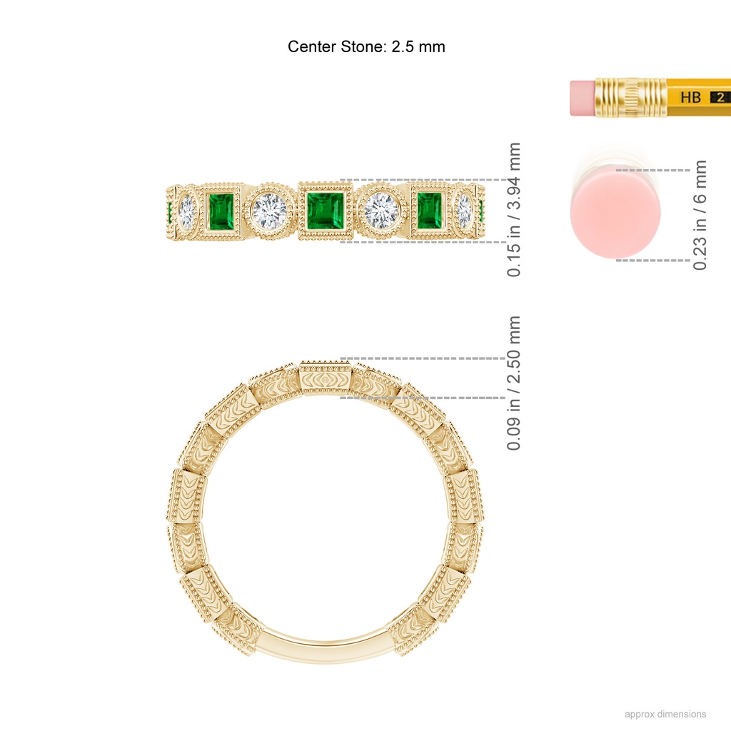 2.5mm AAAA Bezel-Set Square Emerald and Round Diamond Band in Yellow Gold Ruler