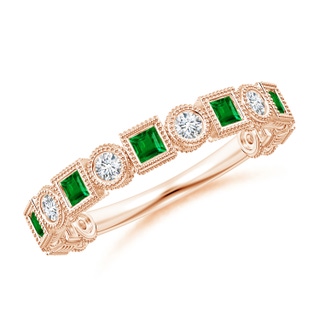 2mm AAAA Bezel-Set Square Emerald and Round Diamond Band in Rose Gold