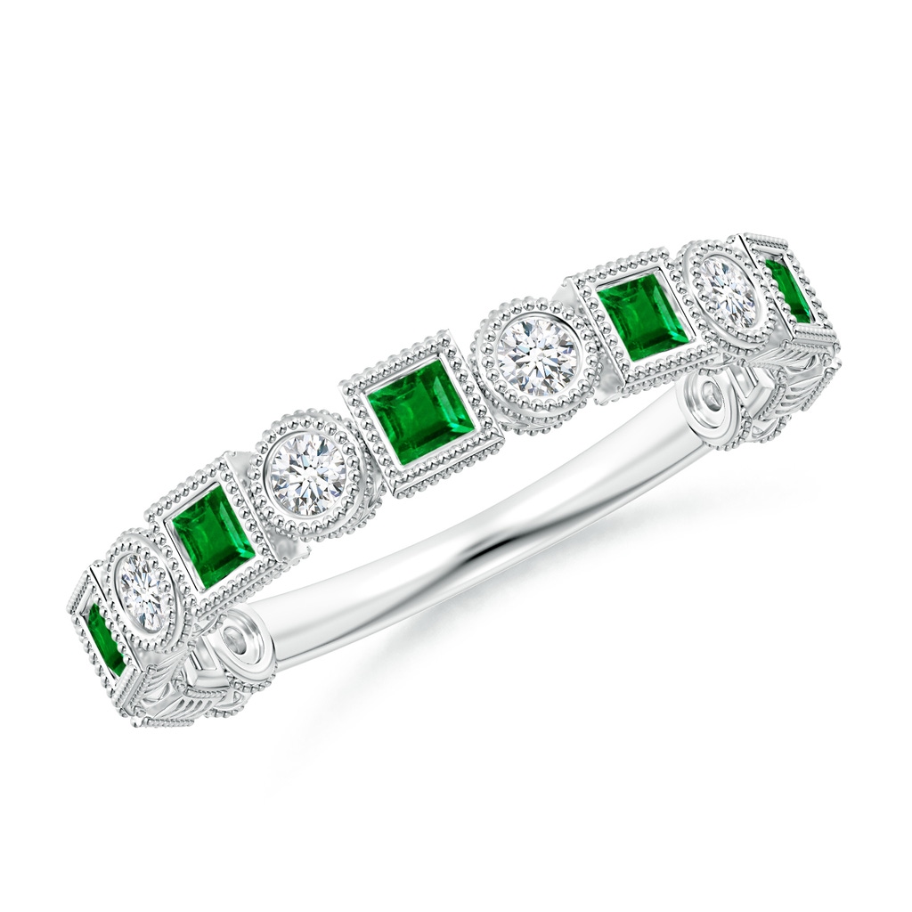 2mm AAAA Bezel-Set Square Emerald and Round Diamond Band in White Gold