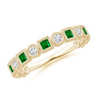2mm AAAA Bezel-Set Square Emerald and Round Diamond Band in Yellow Gold